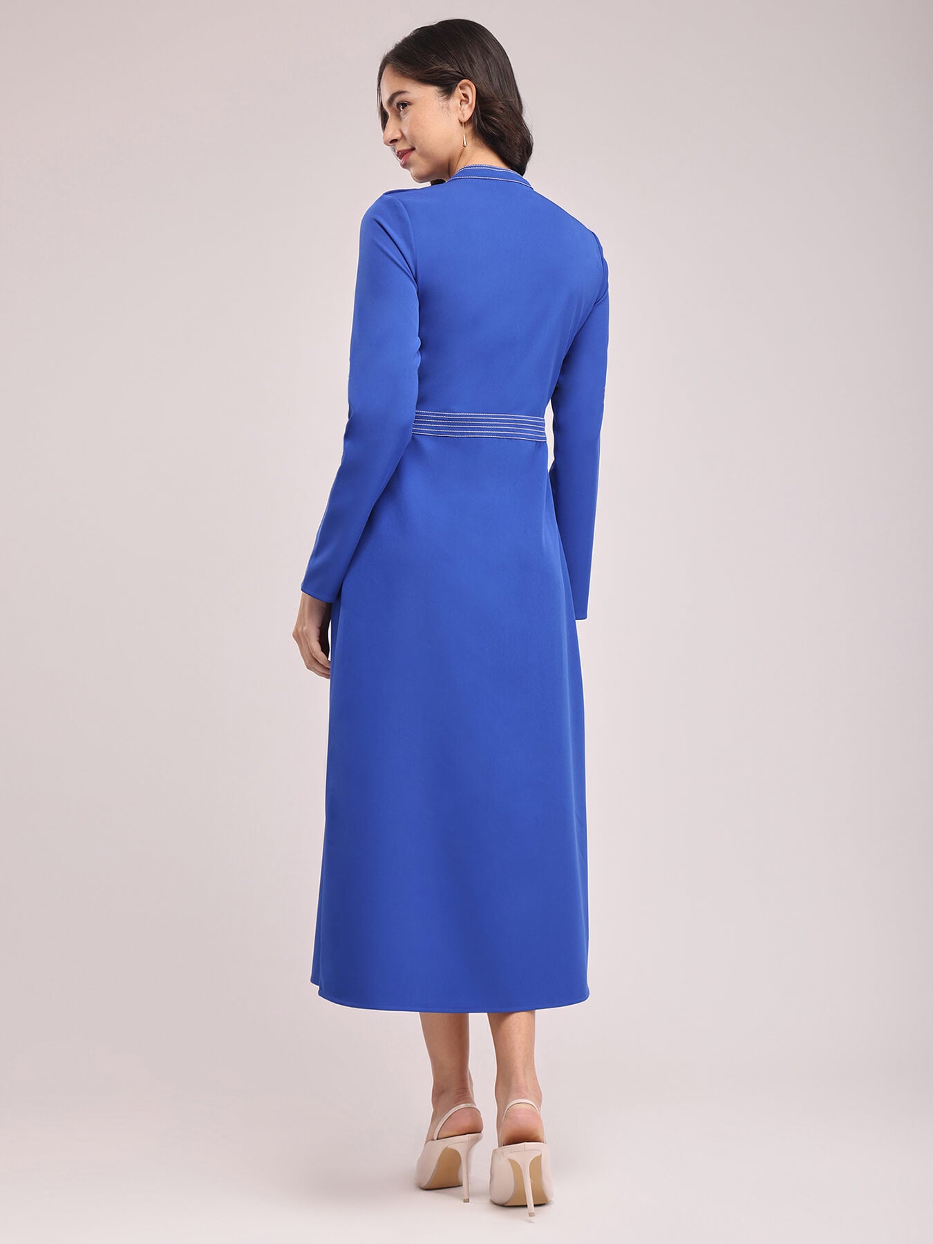 Round Neck Contrast Stitch Dress - Royal Blue