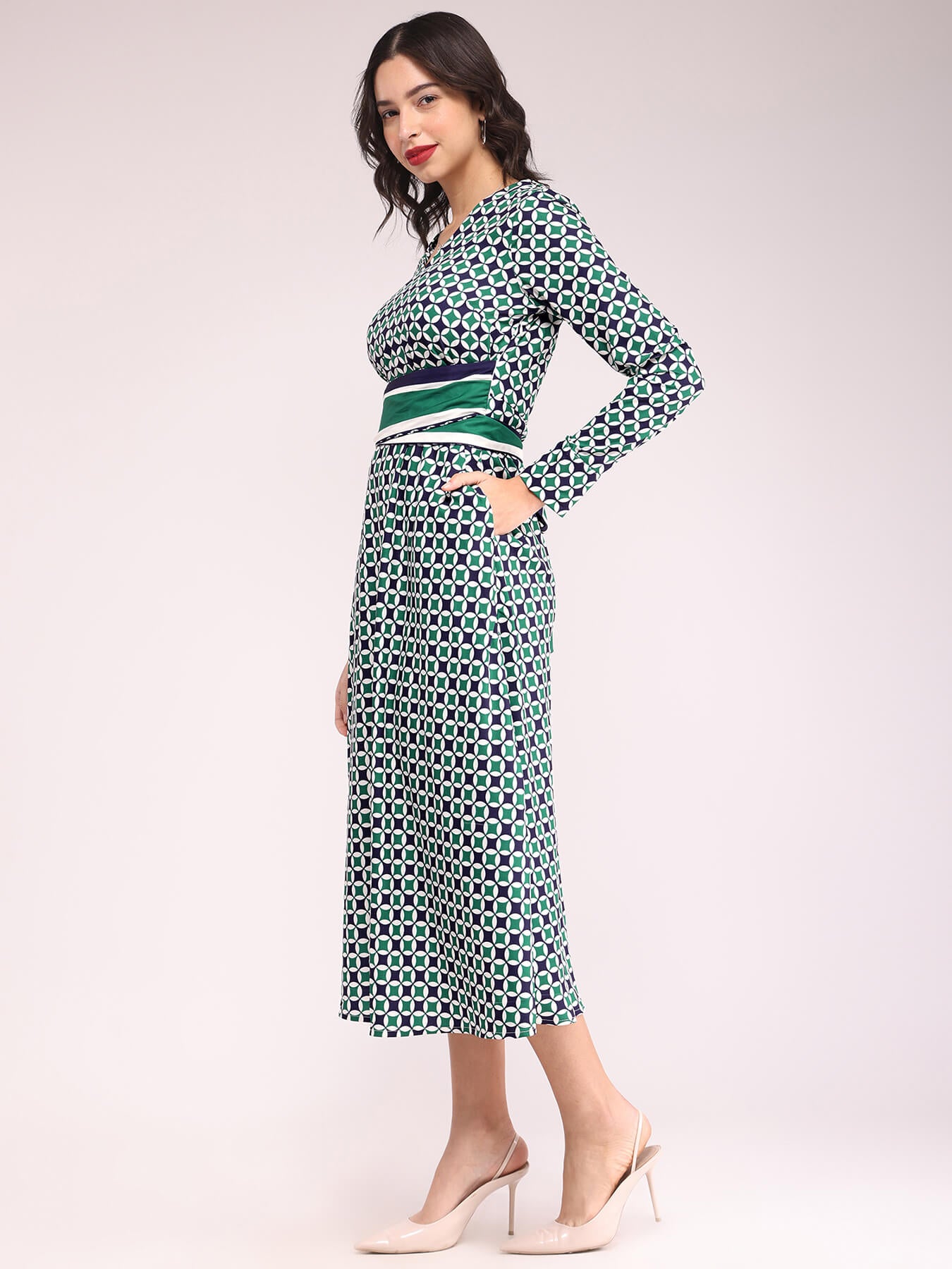 Geometric Print Fit And Flare Dress - Teal And Navy Blue