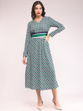 Geometric Print Fit And Flare Dress - Teal And Navy Blue