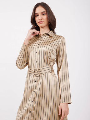 Satin A-line Shirt Dress - Beige And Black