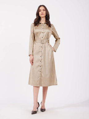 Satin A-line Shirt Dress - Beige And Black