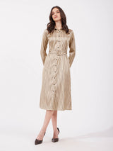 Satin A-line Shirt Dress - Beige And Black