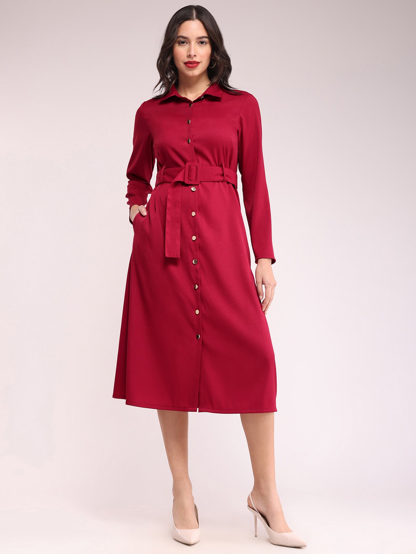Button Down Shirt Dress - Red