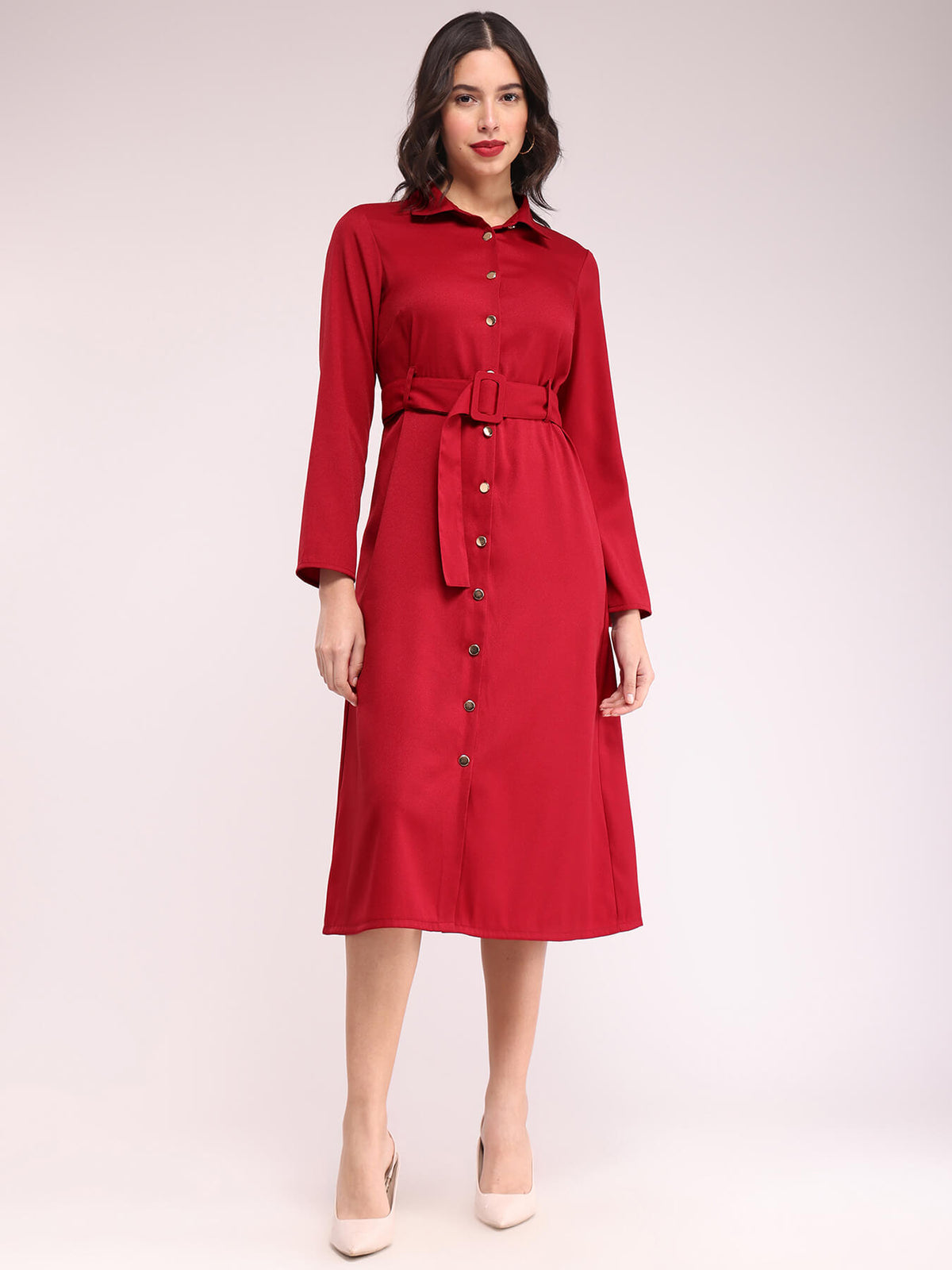 Button Down Shirt Dress - Red