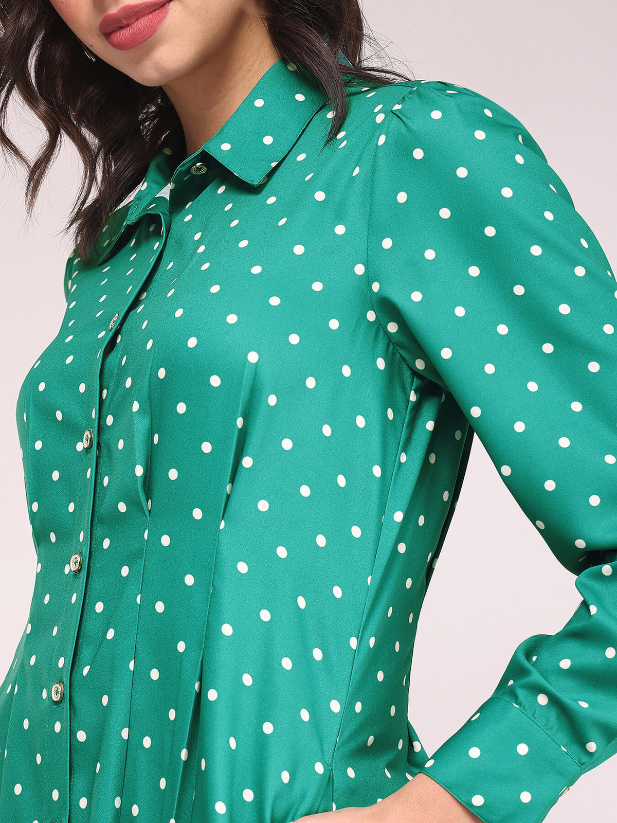 Button Down Shirt Dress - Green And Ecru
