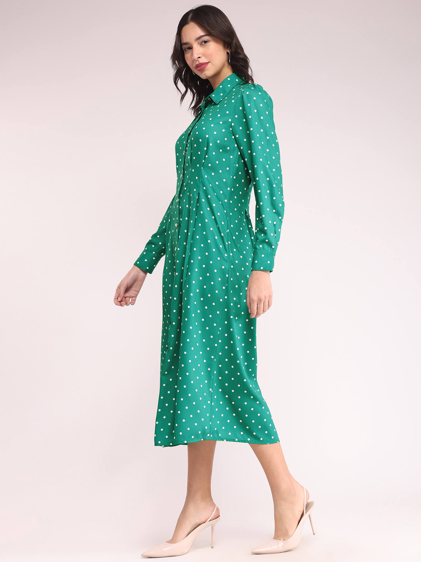 Button Down Shirt Dress - Green And Ecru