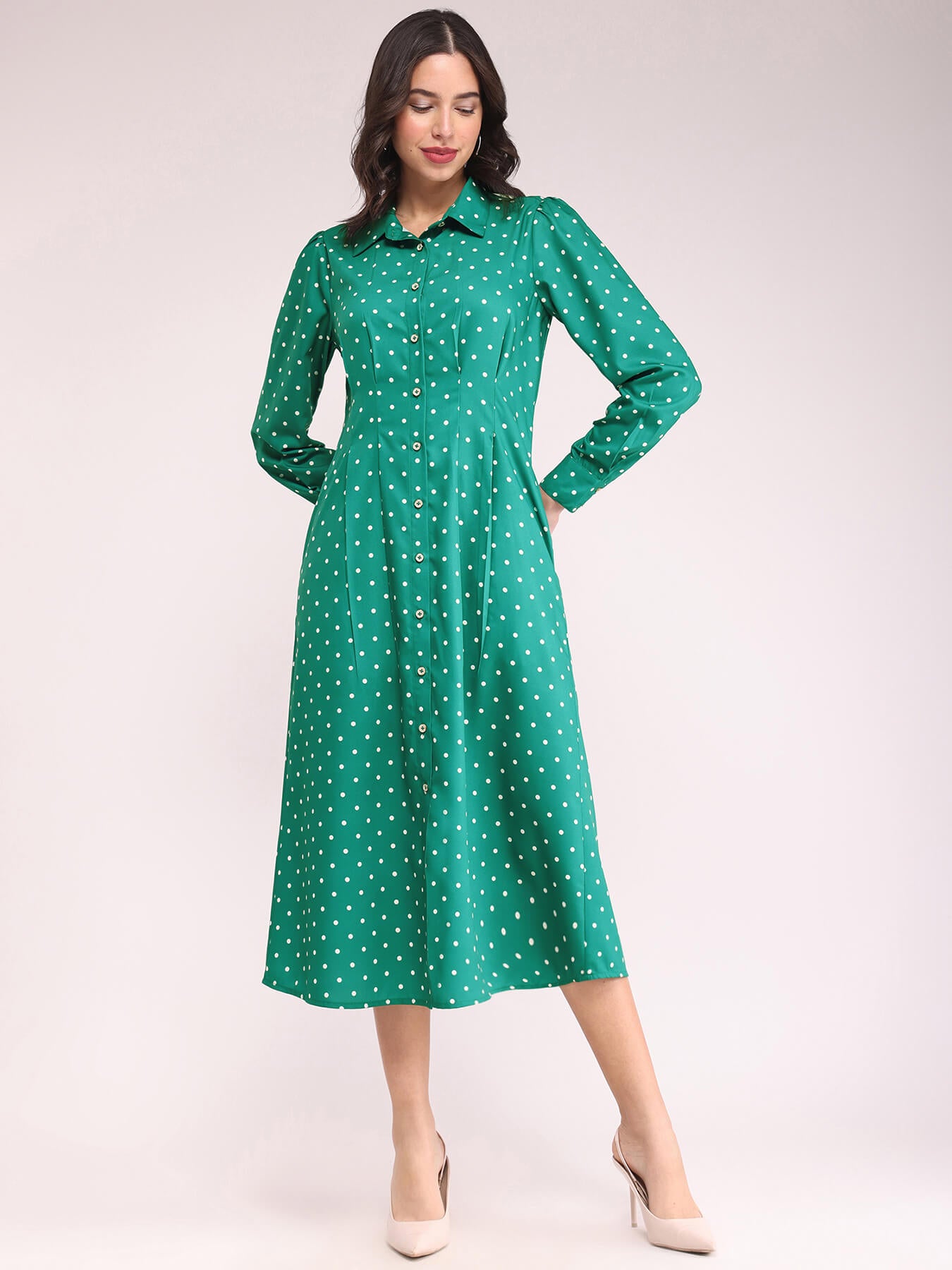 Button Down Shirt Dress - Green And Ecru