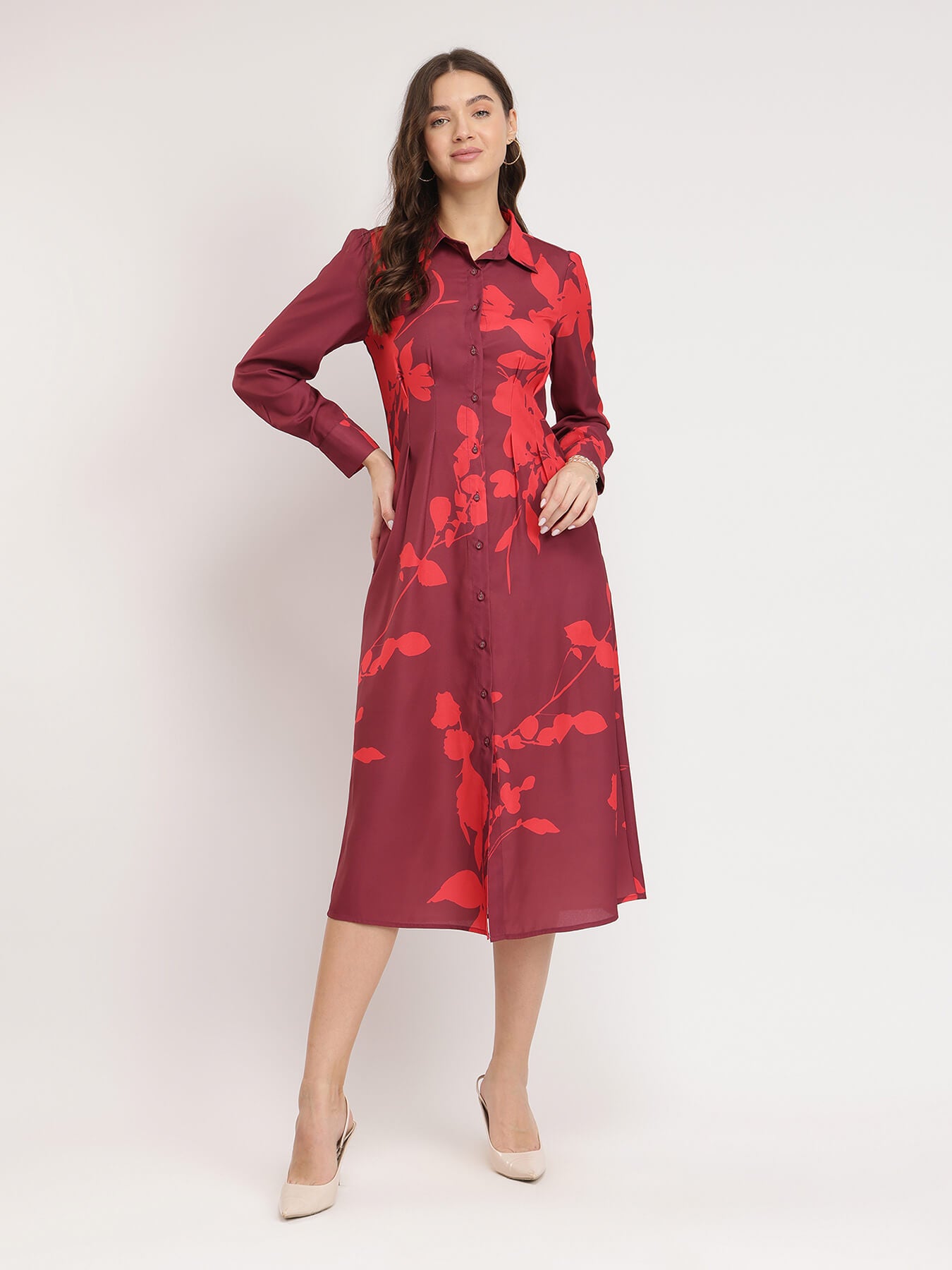 Floral Print Shirt Dress - Maroon