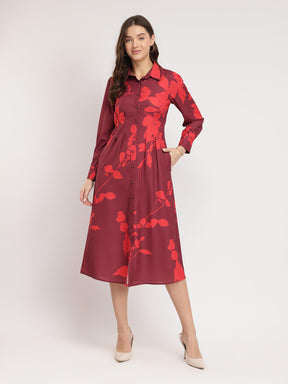 Floral Print Shirt Dress - Maroon