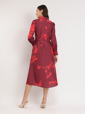 Floral Print Shirt Dress - Maroon