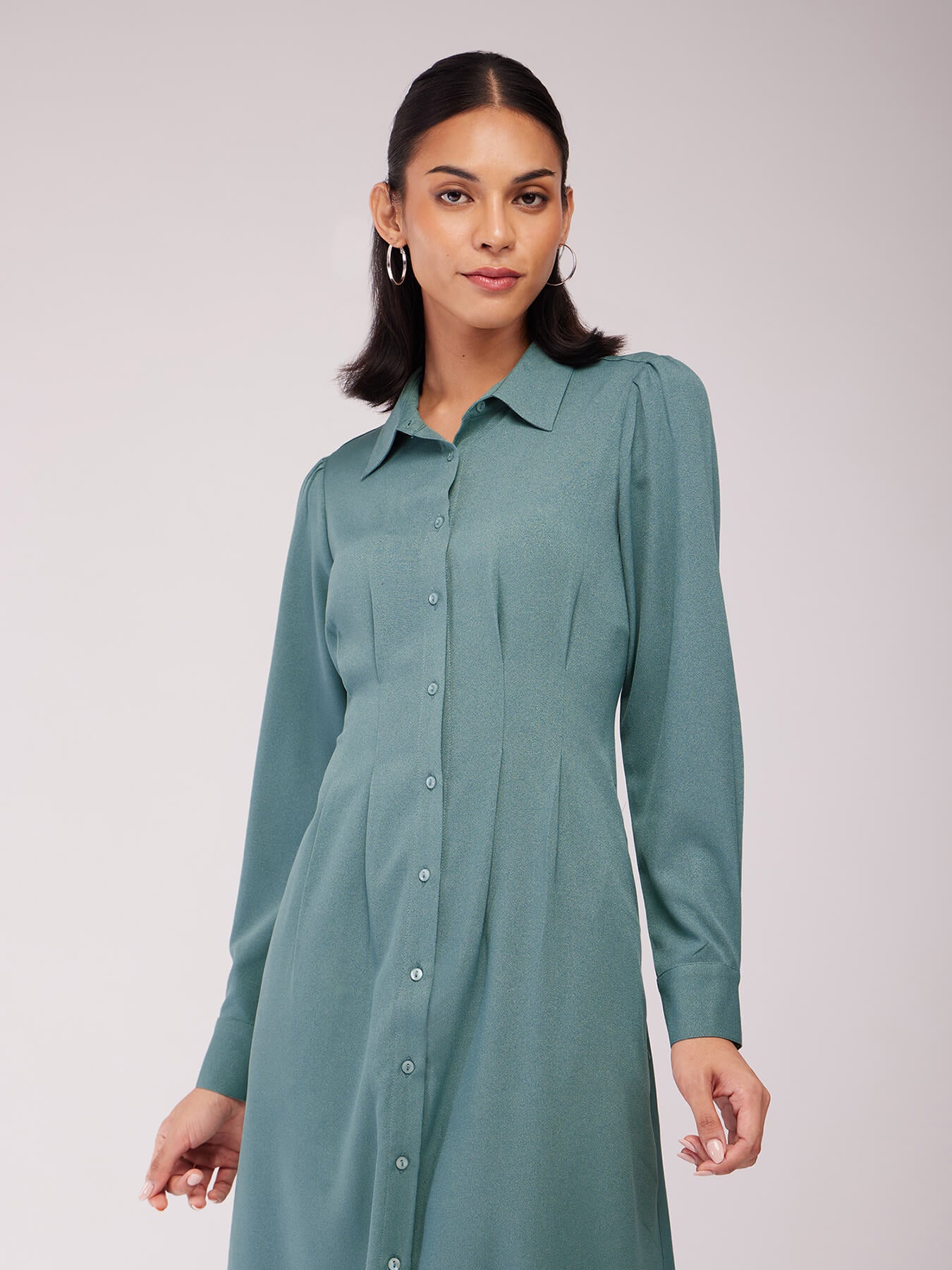 Pleated Shirt Dress - Sap Green