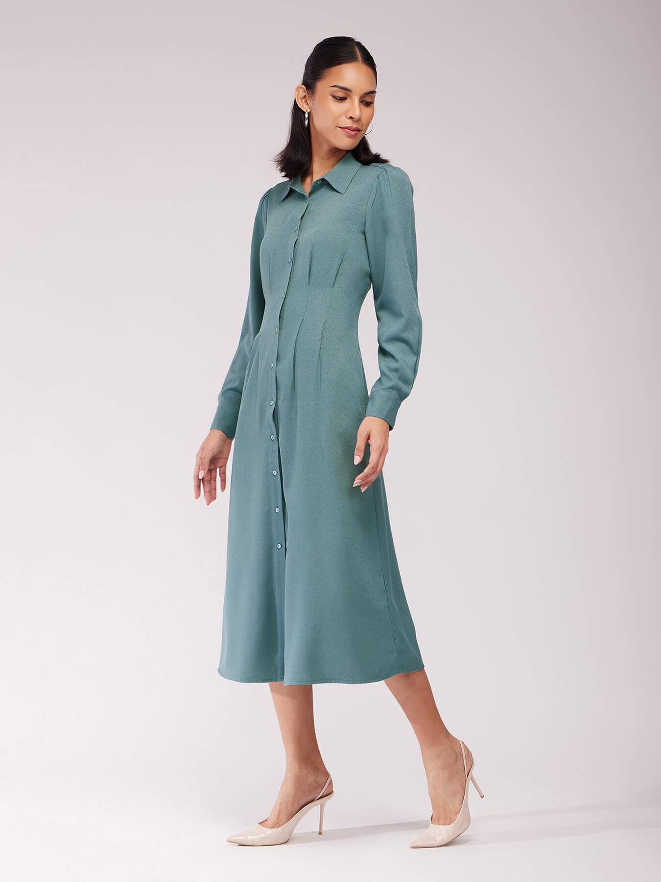 Pleated Shirt Dress - Sap Green