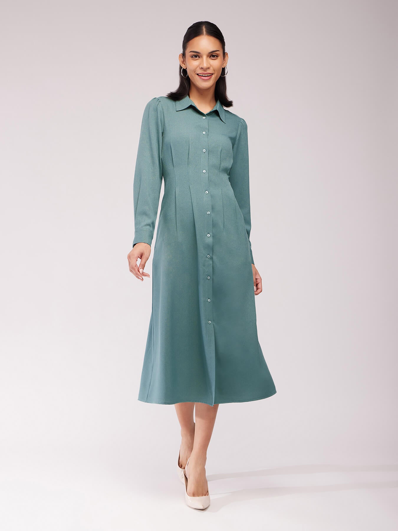 Pleated Shirt Dress - Sap Green