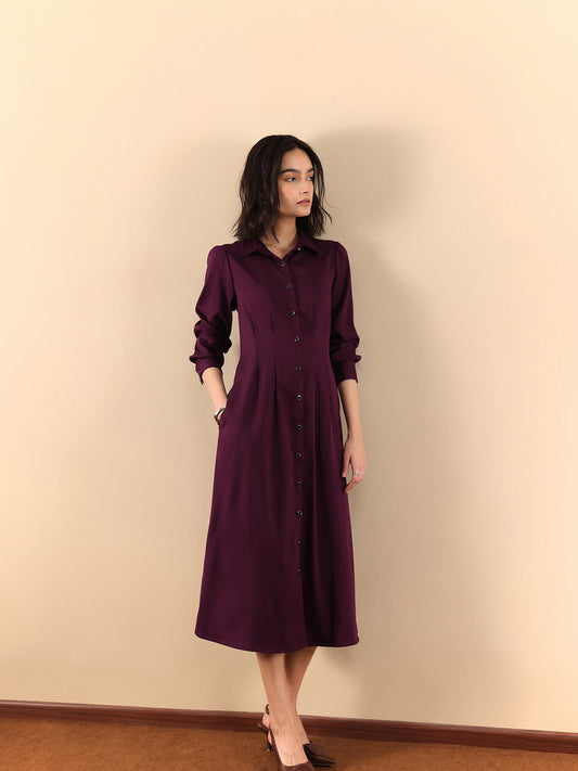 Button Down Shirt Dress - Wine