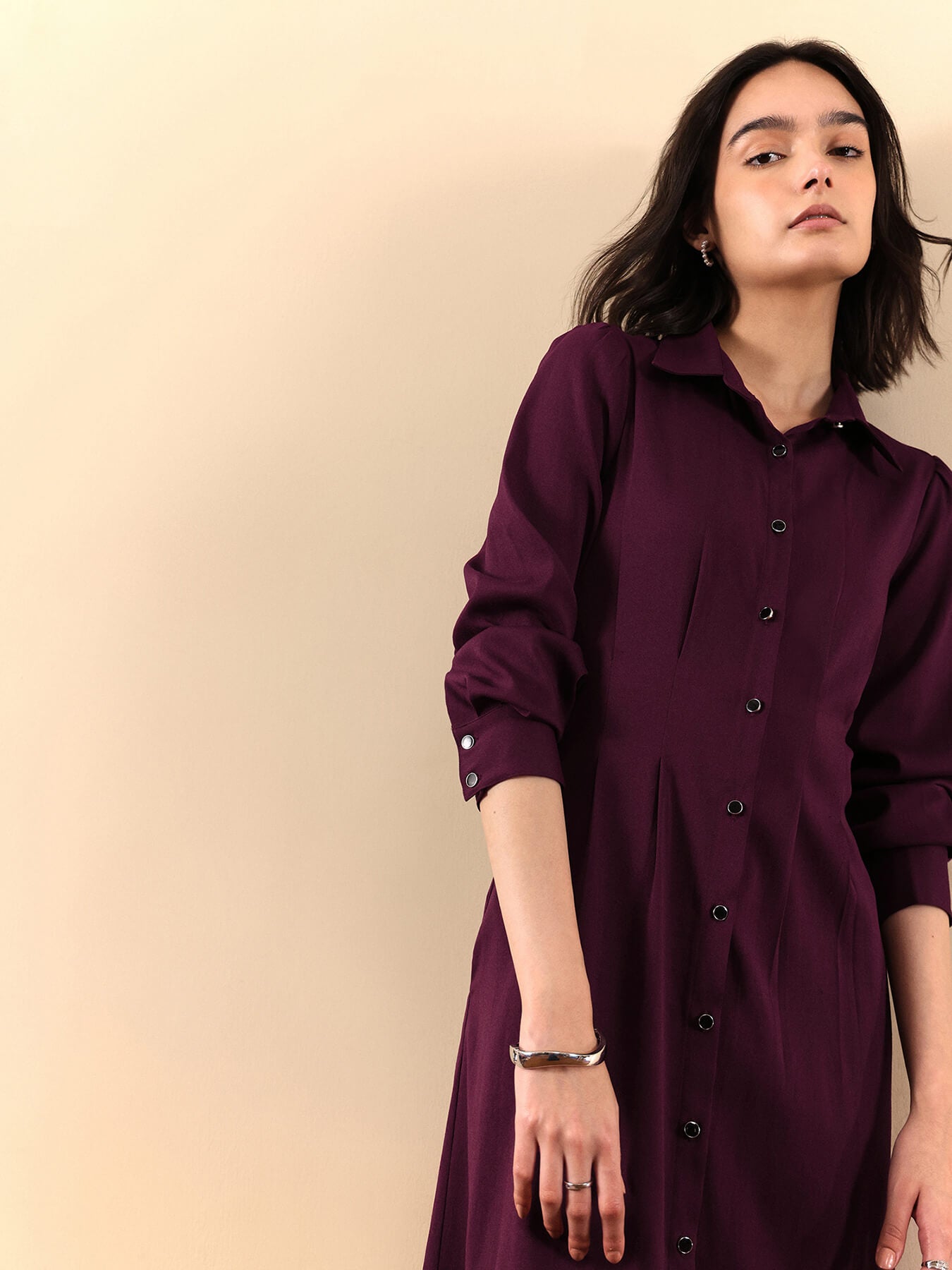 Button Down Shirt Dress - Wine