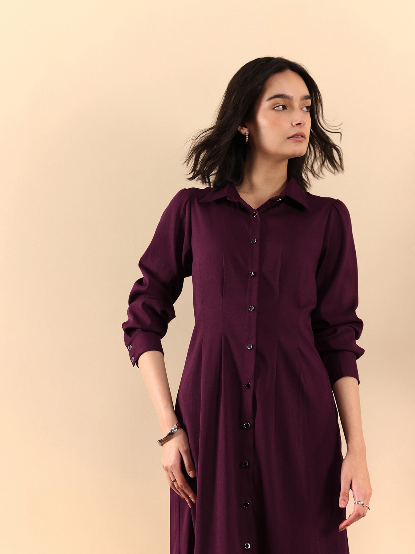 Button Down Shirt Dress - Wine