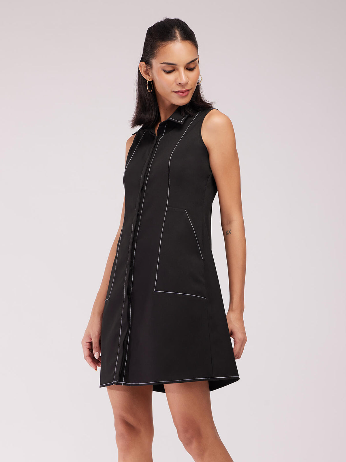 Collared A-line Dress - Black