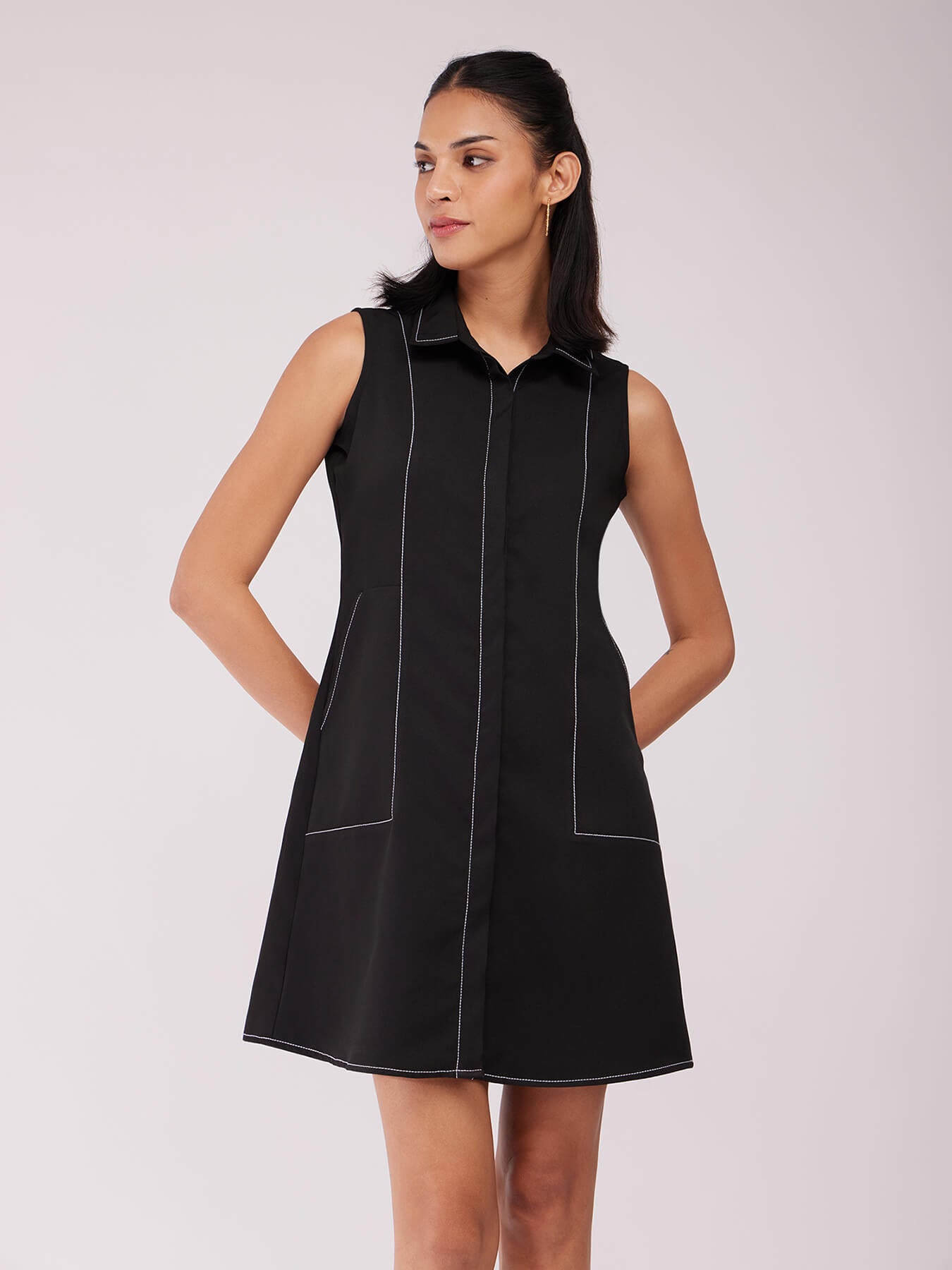 Collared A-line Dress - Black