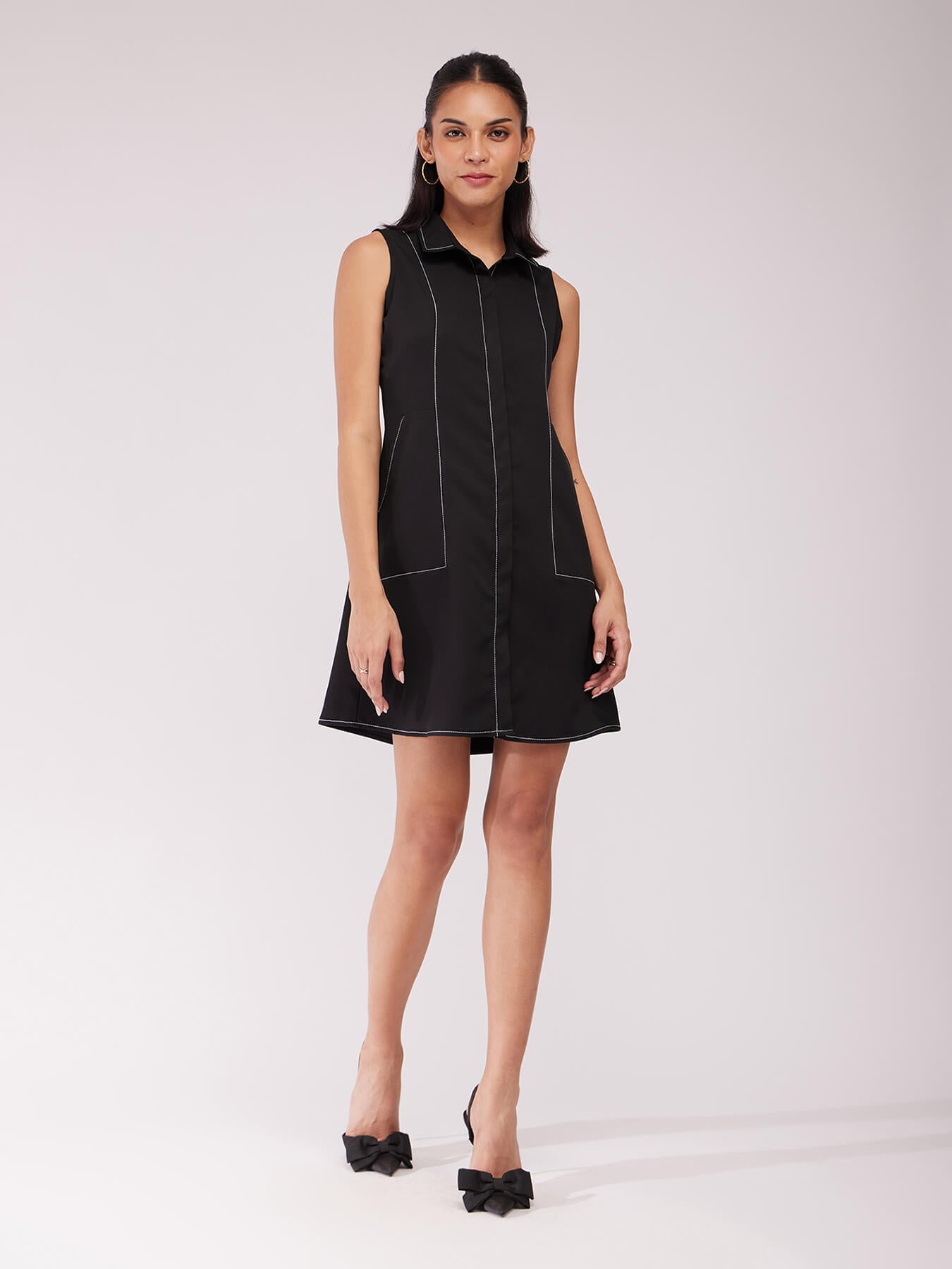 Collared A-line Dress - Black