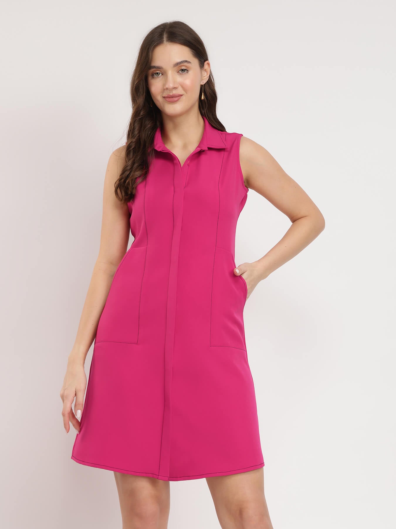 Collared A-line Dress - Pink