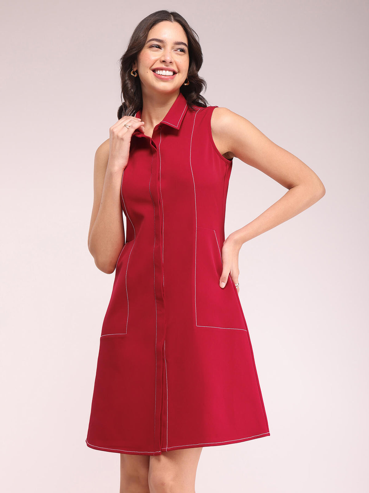 Solid A-line Dress - Red