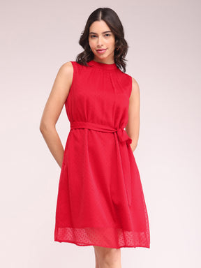 High Neck A-line Dress - Red