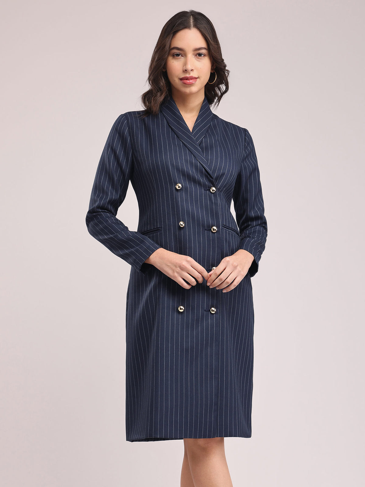 Shawl Collar Blazer Dresses - Navy Blue