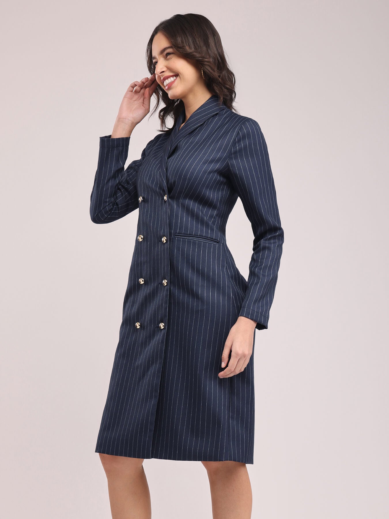 Shawl Collar Blazer Dresses - Navy Blue