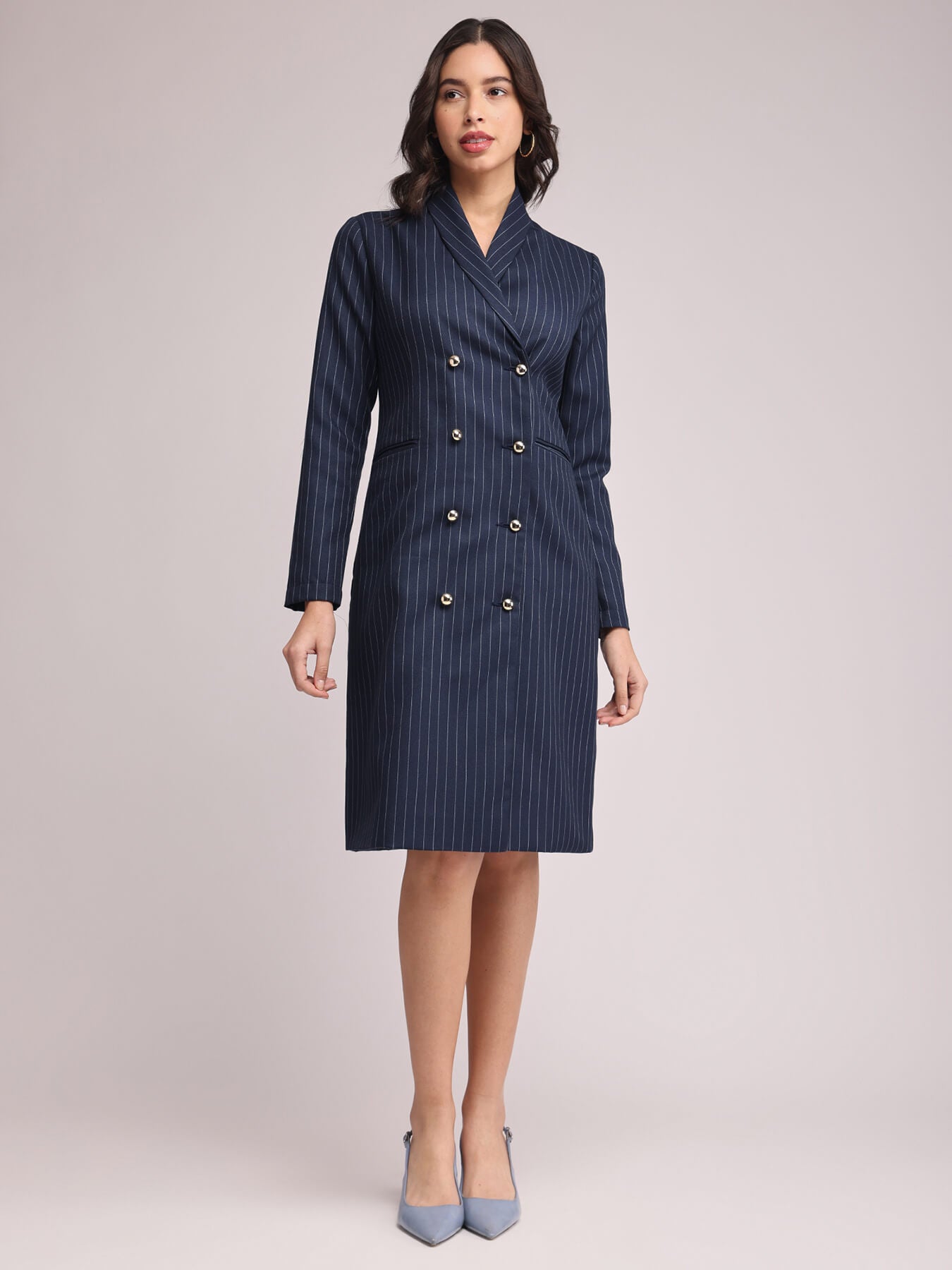 Shawl Collar Blazer Dresses - Navy Blue