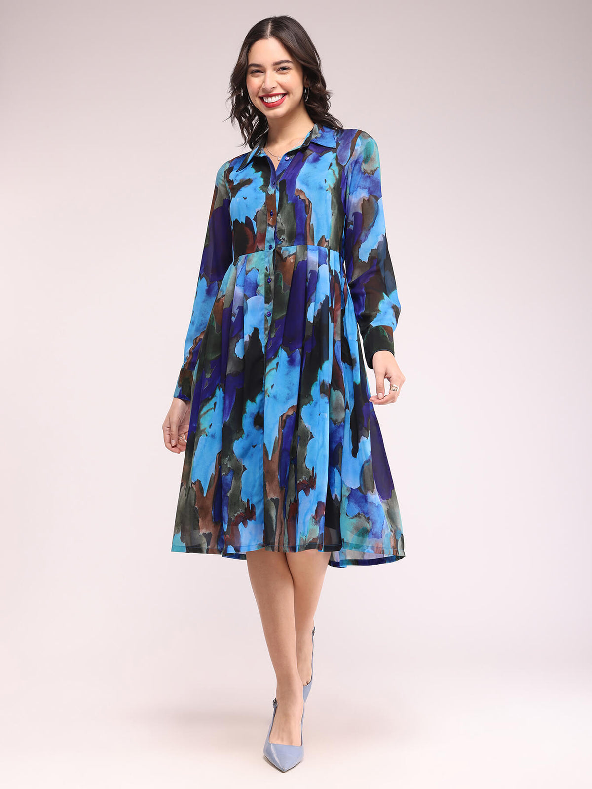 Abstract Pleated Dress - Blue