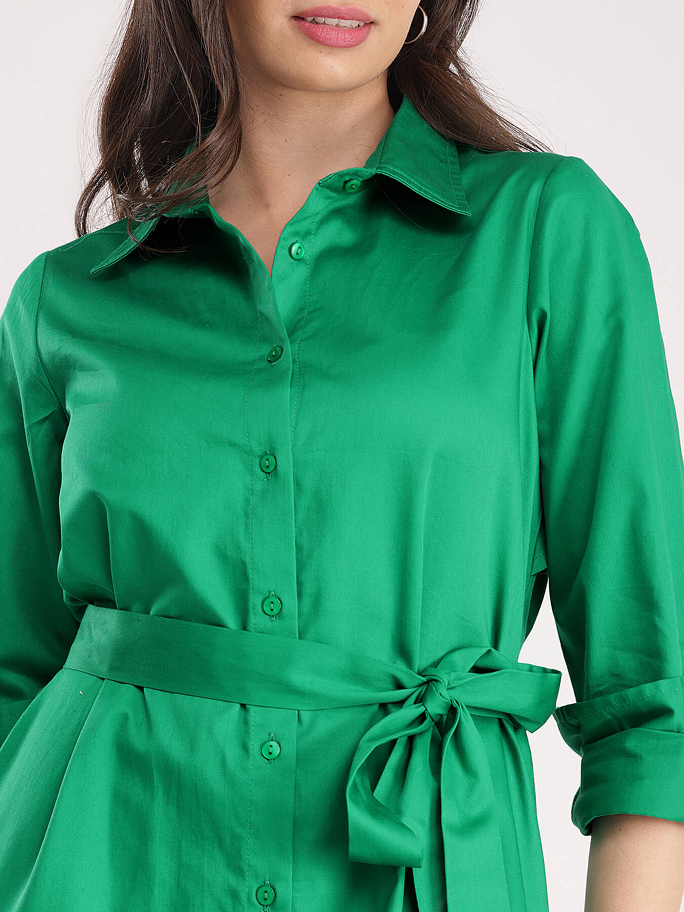 Cotton Satin Shirt Dress - Green