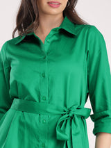 Cotton Satin Shirt Dress - Green