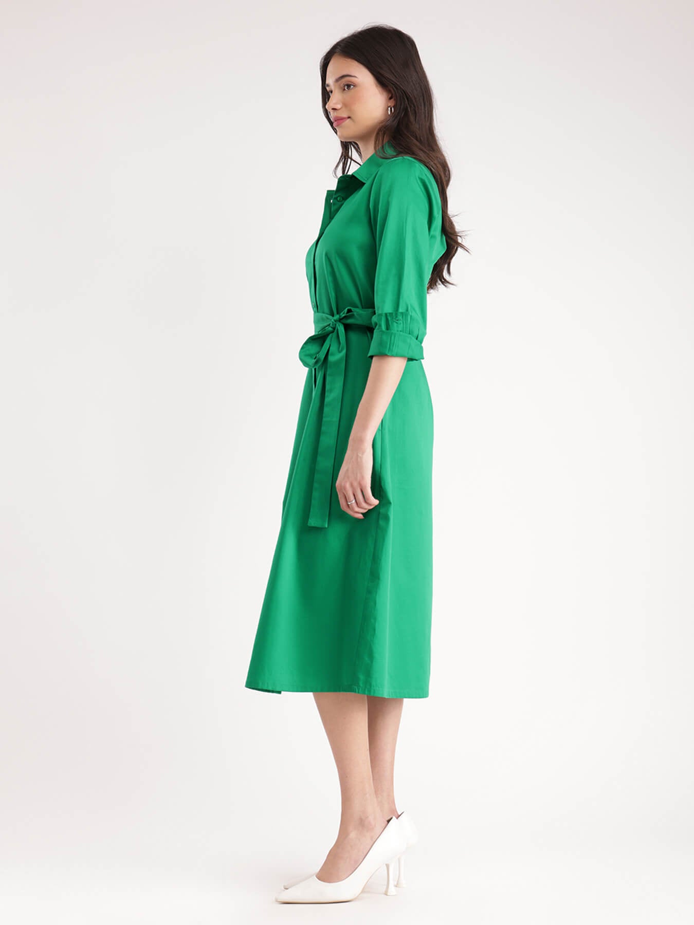 Cotton Satin Shirt Dress - Green
