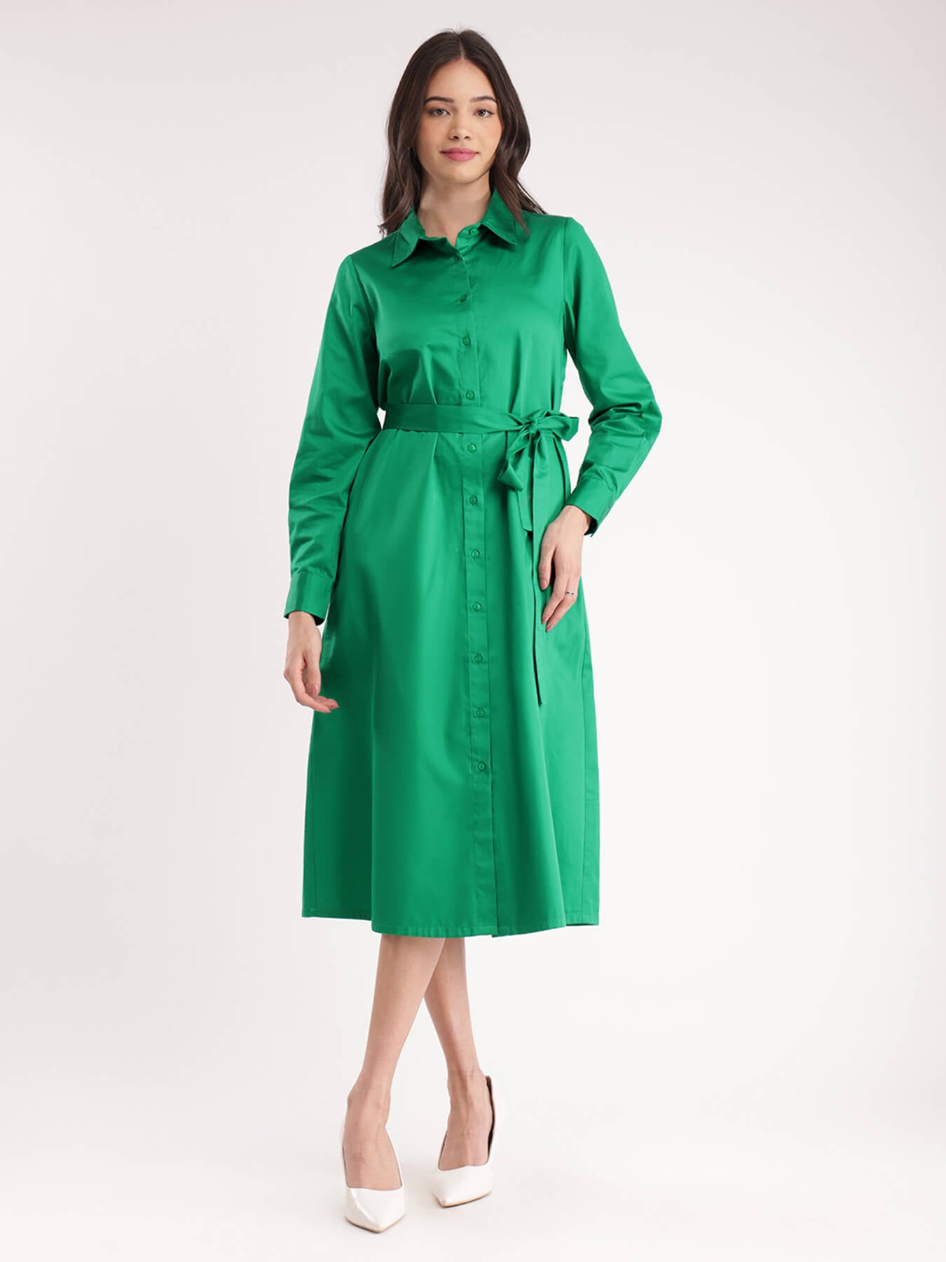 Cotton Satin Shirt Dress - Green