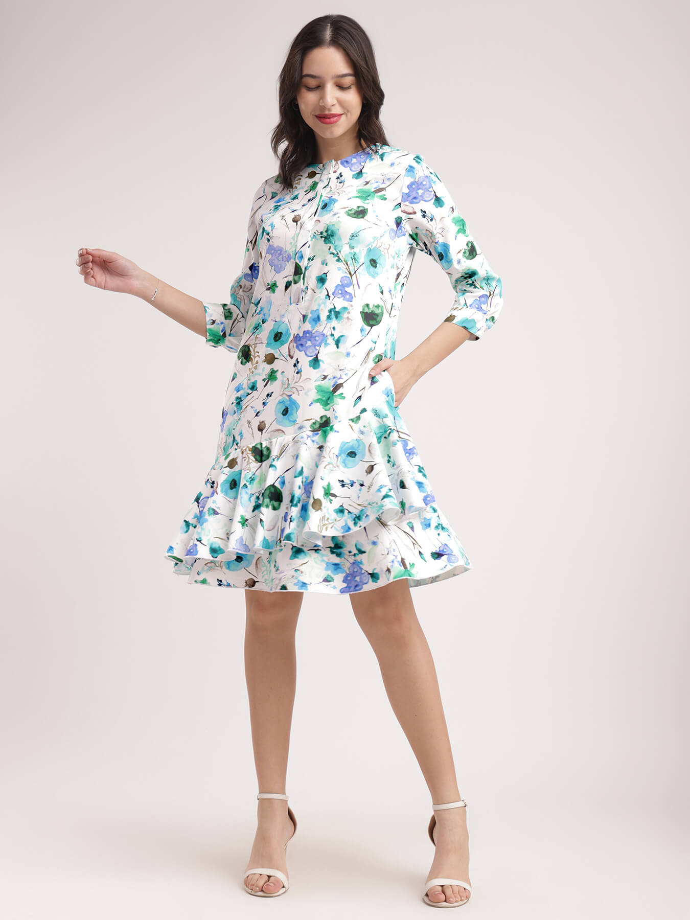 Floral A-line Dress - Blue