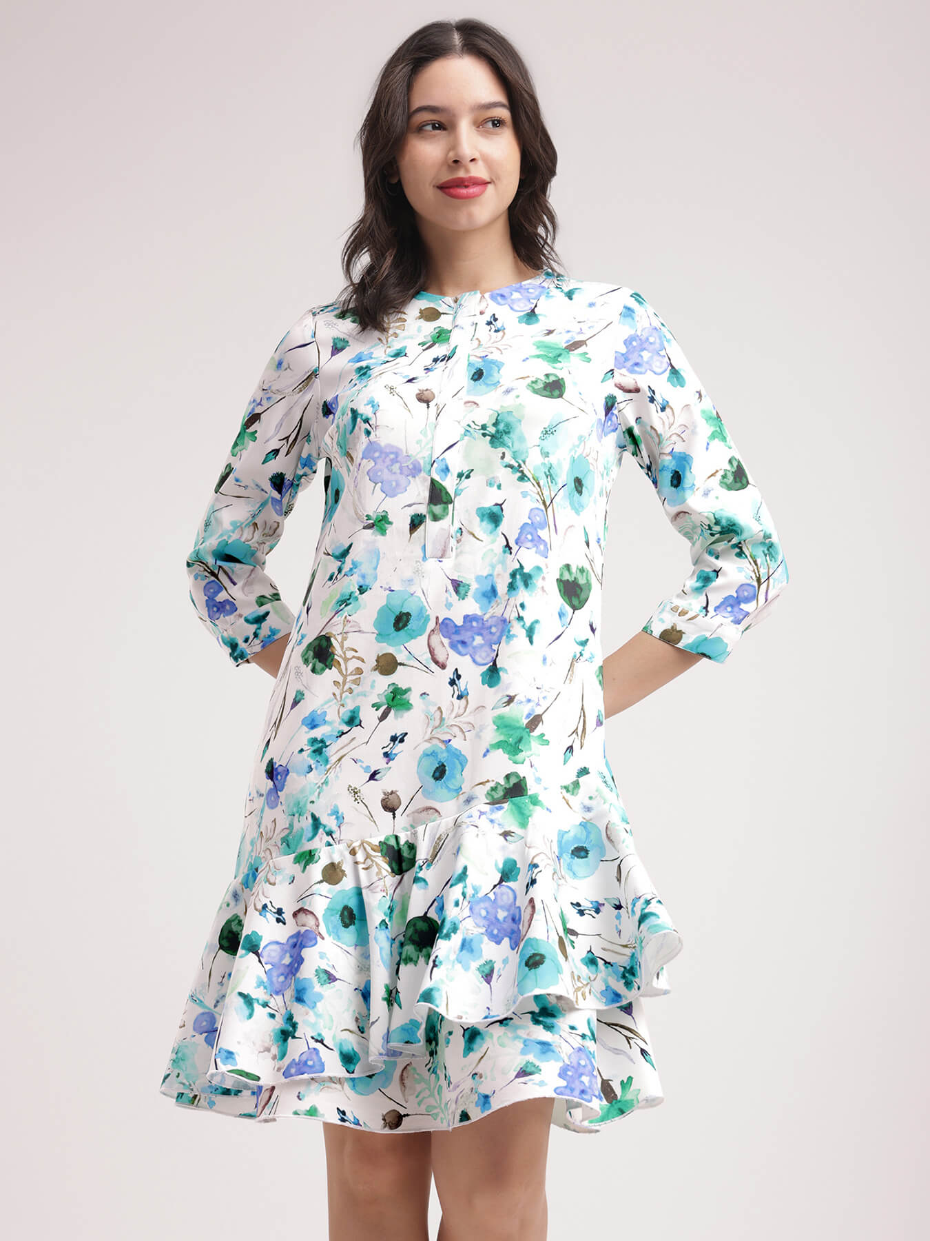 Floral A-line Dress - Blue