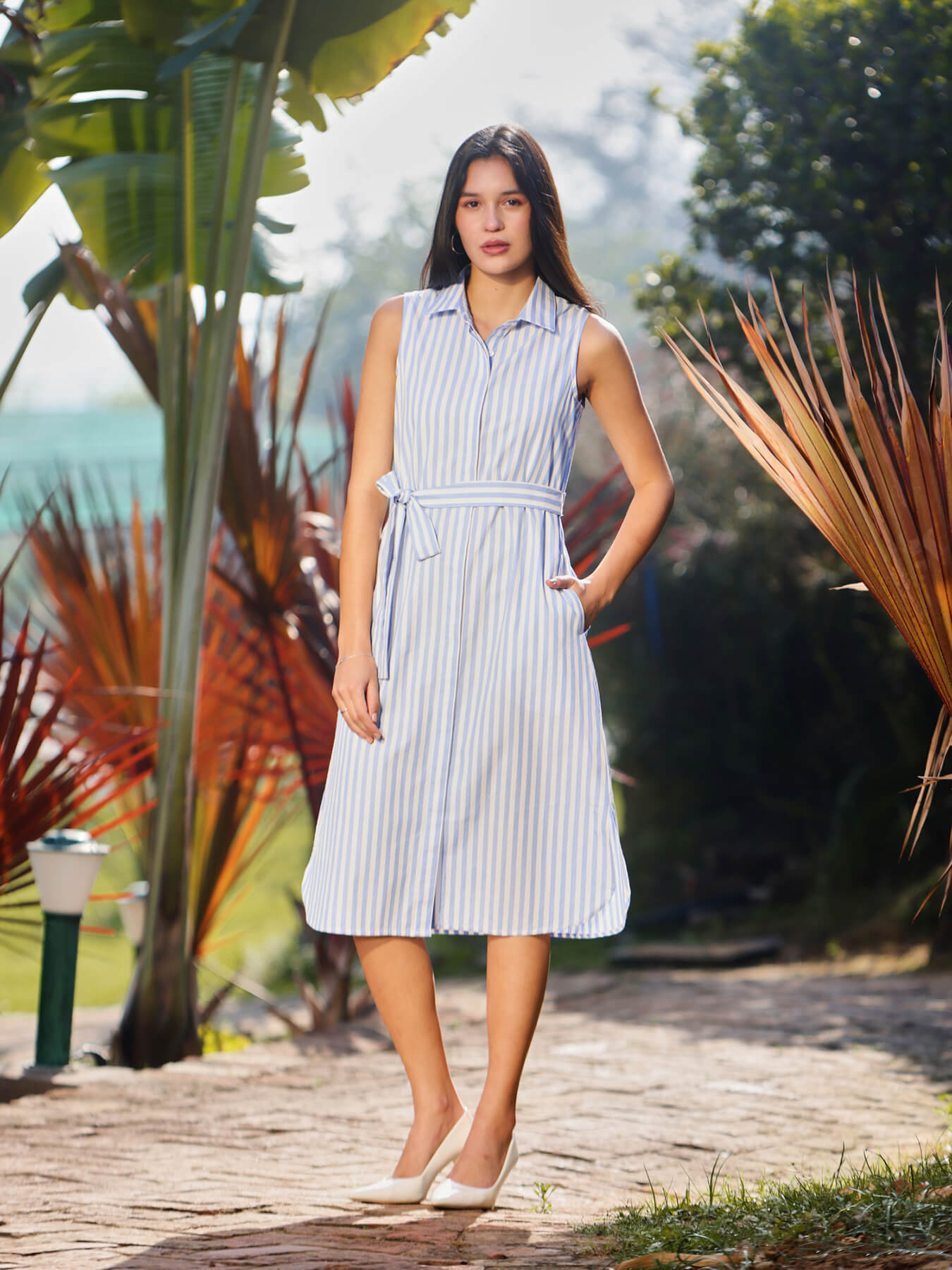 Cotton Striped Dress - Blue And White