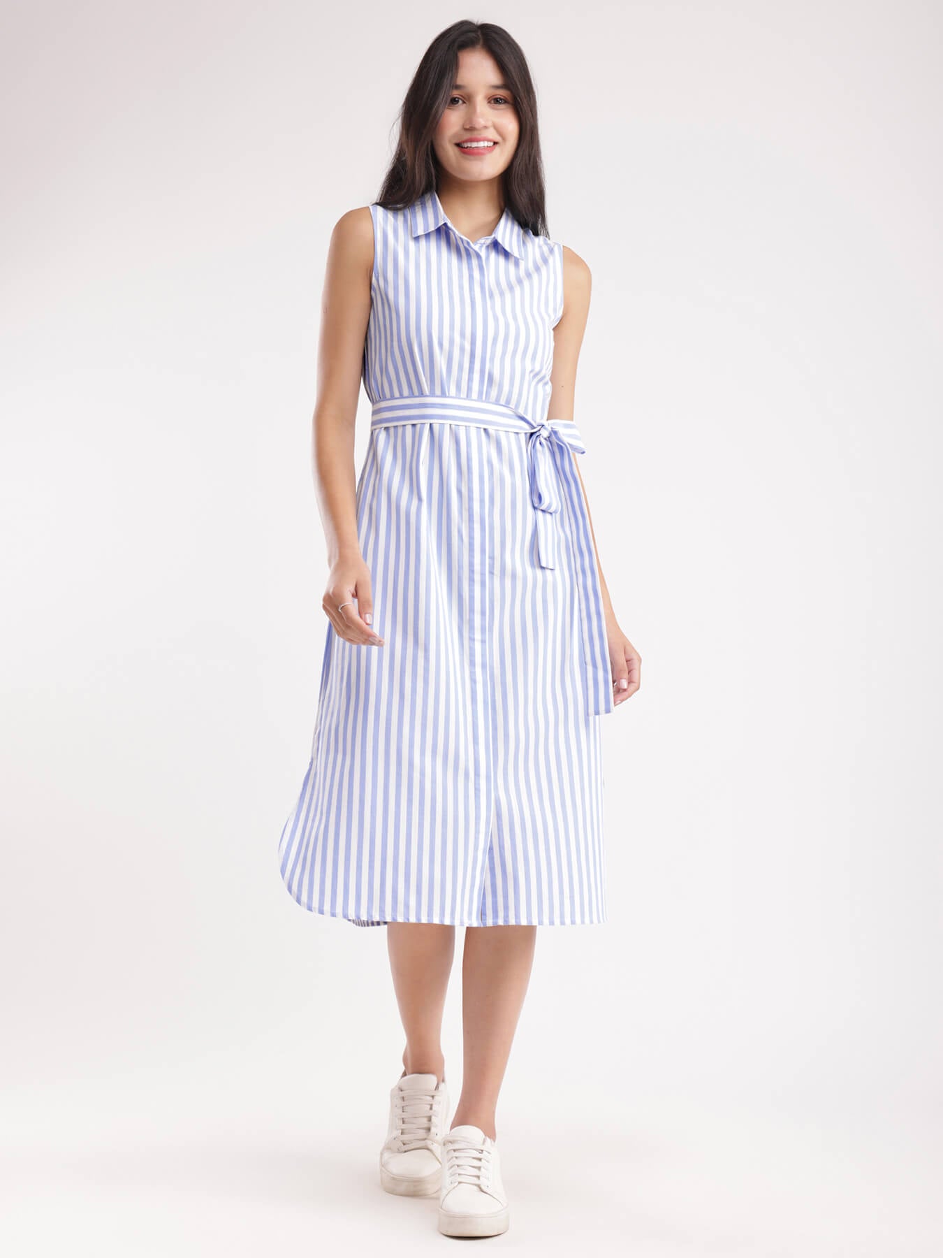 Cotton Striped Dress - Blue And White