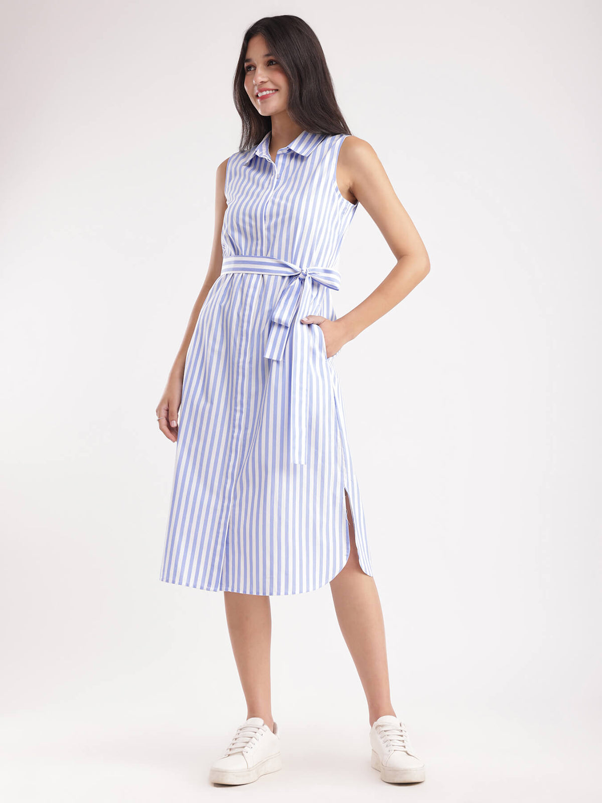 Cotton Striped Dress - Blue And White