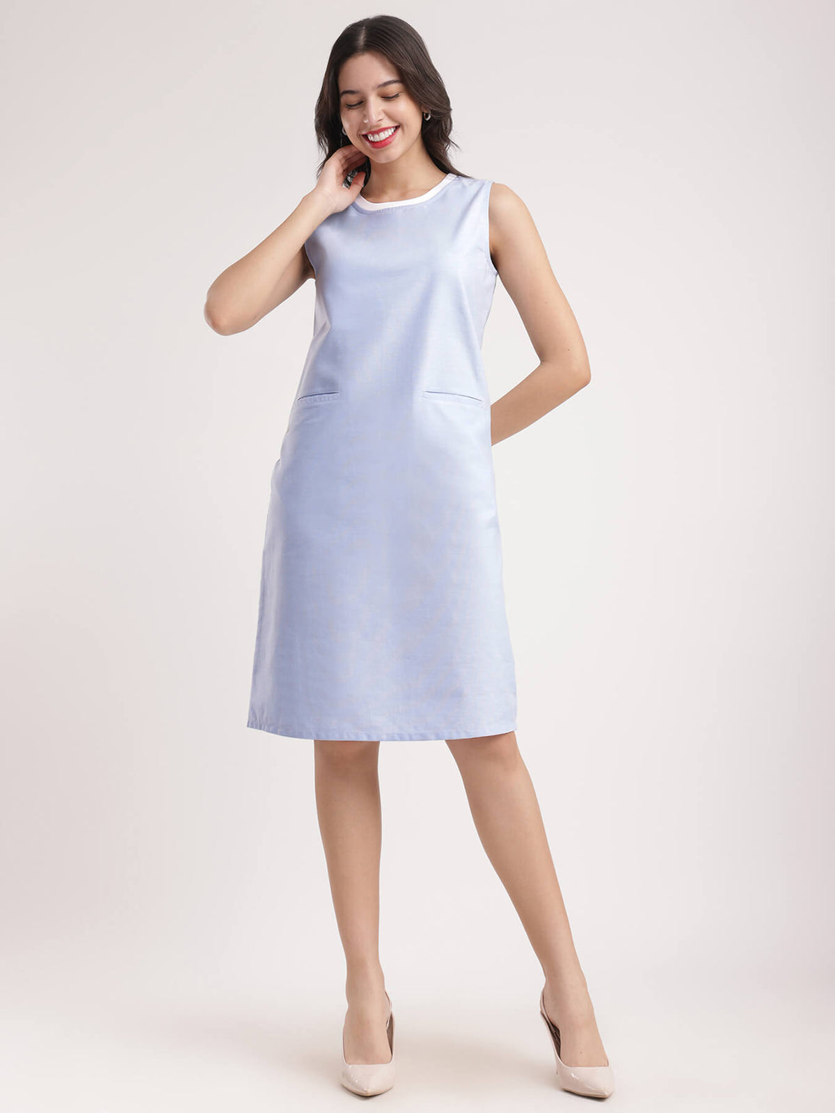 Cotton Oxford Shift Dress - Light Blue