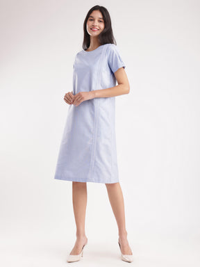 Textured Cotton Shift Dress - Blue