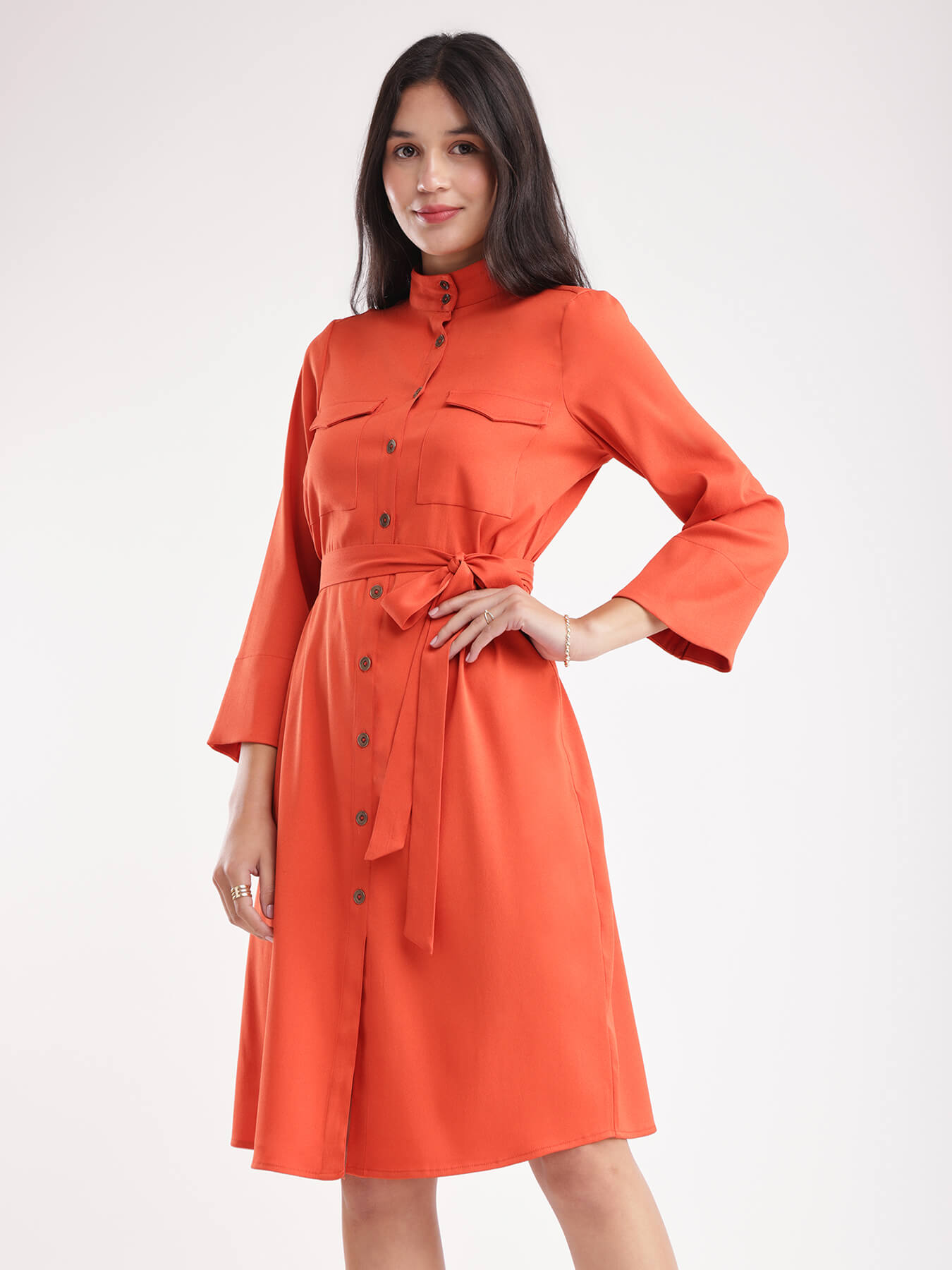 Button Down Shirt Dress - Rust