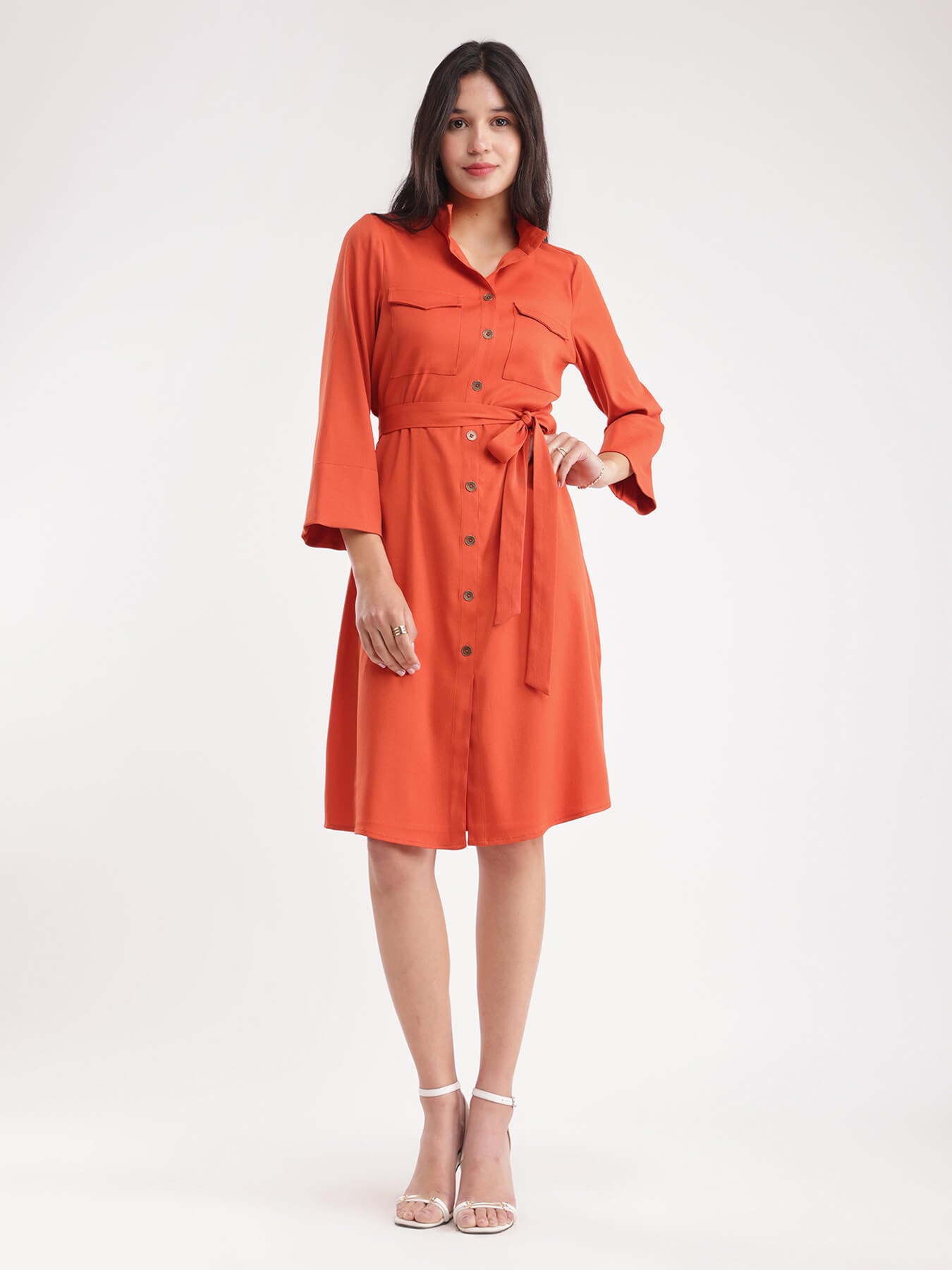 Button Down Shirt Dress - Rust