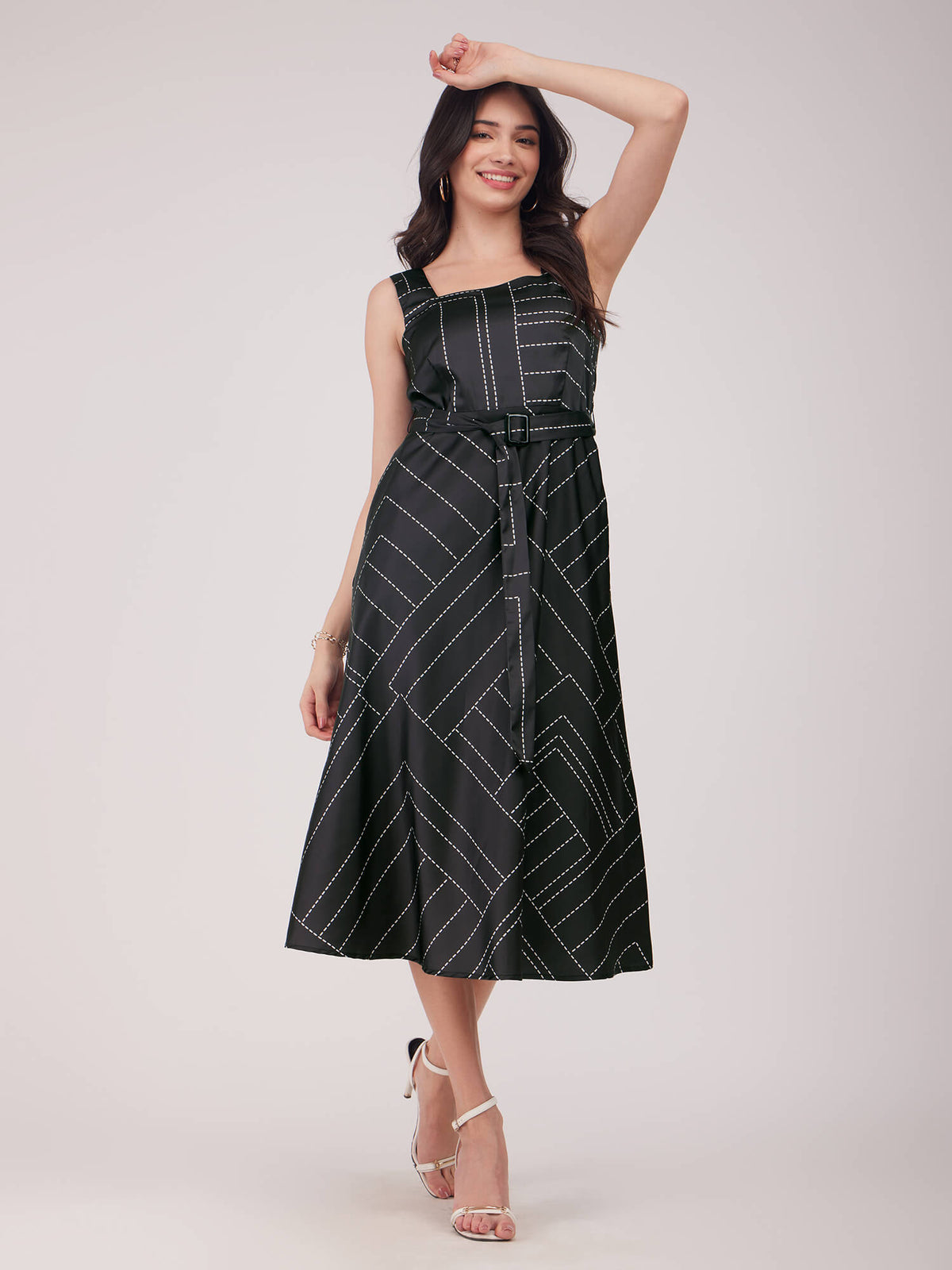 Stretch Satin Fit And Flare Dress - Black
