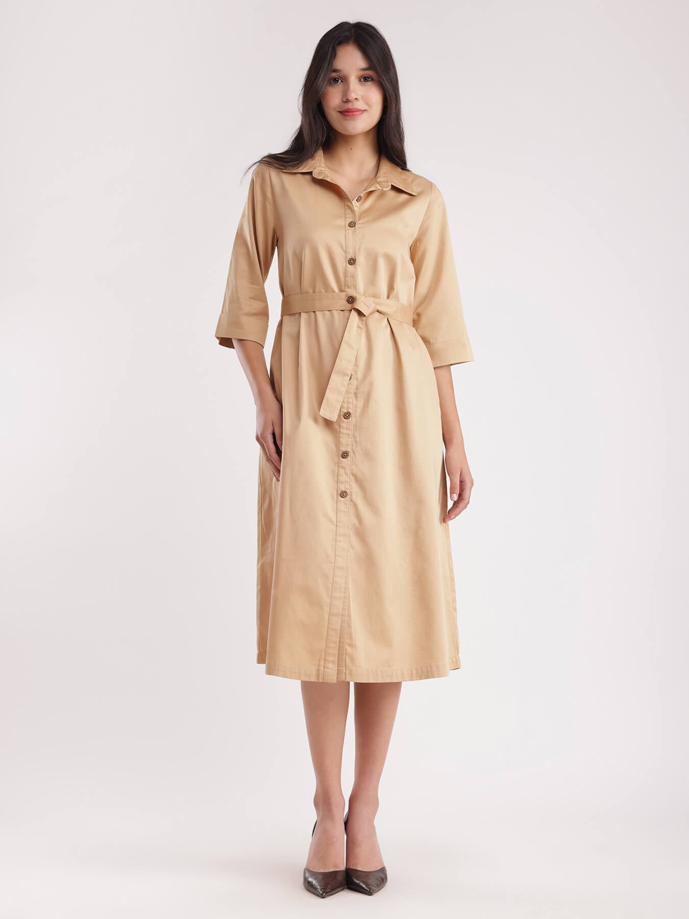 Cotton Satin Shirt Dress - Beige