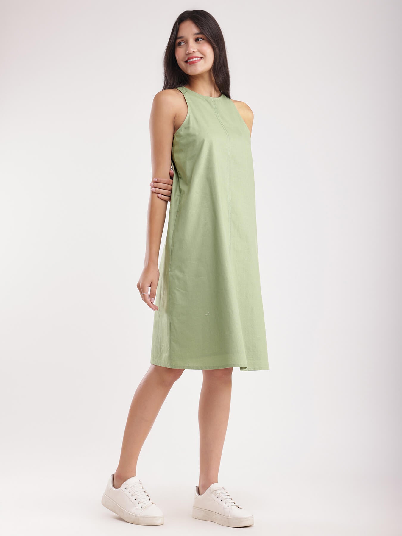 Linen A-line Dress - Sap Green