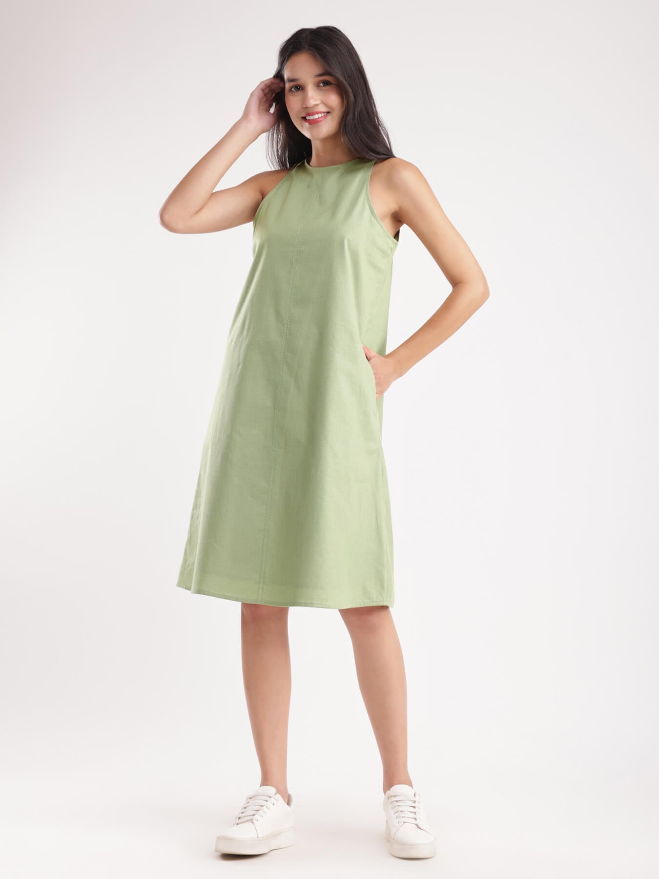 Linen A-line Dress - Sap Green