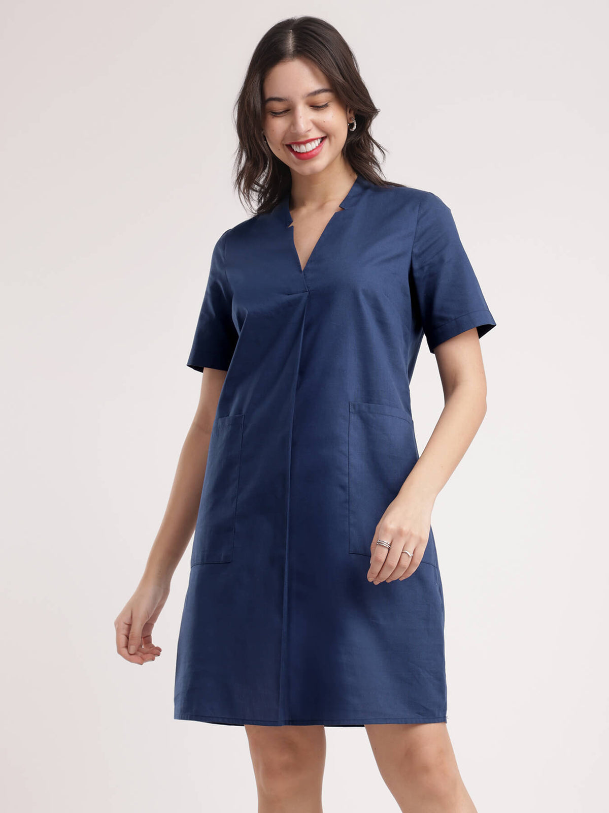 Linen Shift Dress - Navy Blue