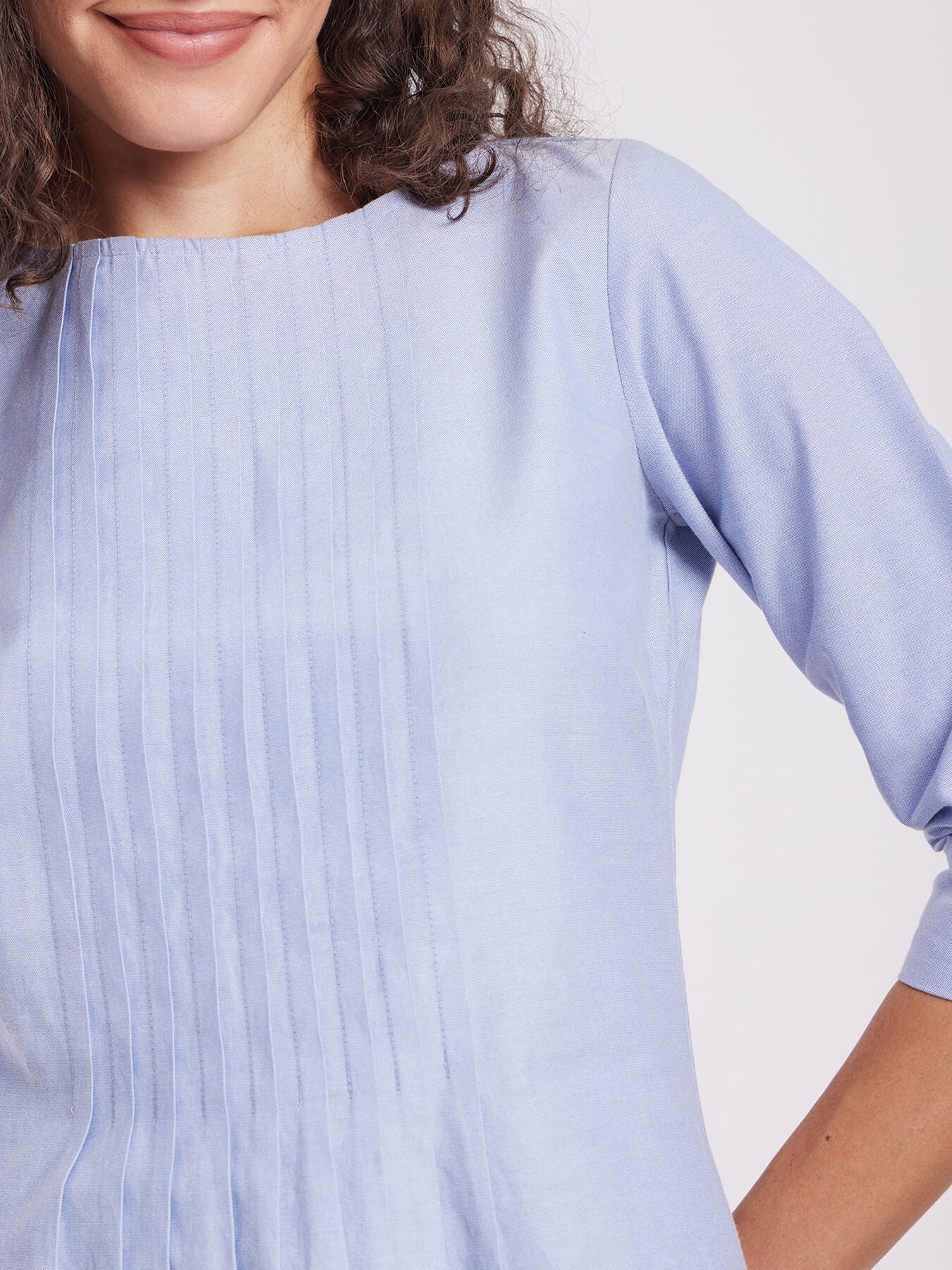 Textured Cotton Pintuck A-line Dress - Light Blue