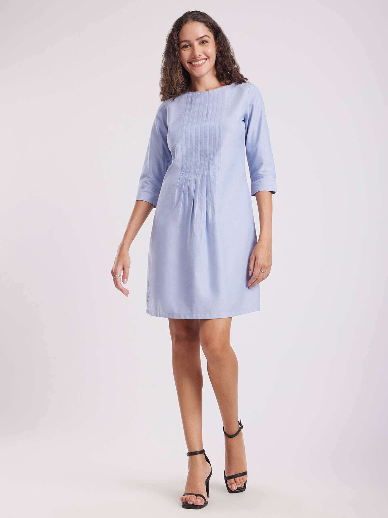 Textured Cotton Pintuck A-line Dress - Light Blue